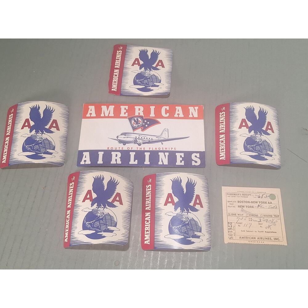 American Airlines WWII Era Ephemera Luggage Decals Ticket Brochure Set